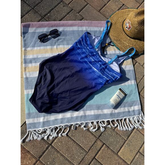 NWOT, Brand Unknown, One Piece Swim Suit, Blue with Cross Over Detail, Sz L - Picture 2 of 6